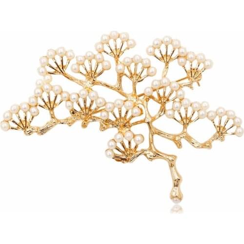 Full White Simulated Pearl Beads Golden Silver Plated Metallic Pine Tree Brooches for Women