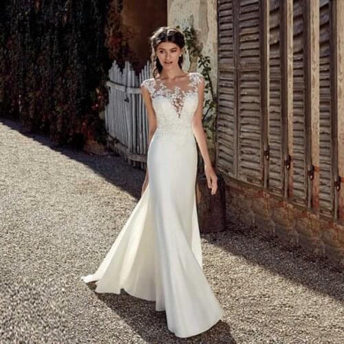 Modest Soft Satin Bateau Neckline Mermaid Wedding Dresses With Lace Appliques Sheer Bridal Dress Illusion Back