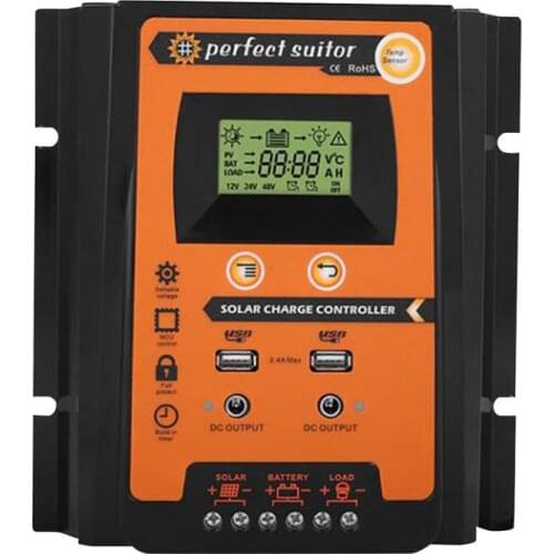 MPPT Solar Charge Controller Solar Panel Battery Conditioner LCD Display Dual USB Ports 12V/24V Level 3 Charging Mode