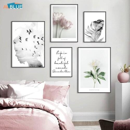Nordic Wall Art Painting Flowers Botanical Canvas Poster Girl Silhouette Feather Print Picture Minimalist Living Room Home Decor