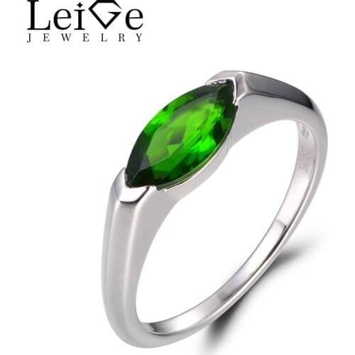 LeiGe Jewelry Natural Chrome Diopside Rings Anniversary Rings Marquise Cut Green Gemstone Solid 925 Sterling Silver Simple Rings