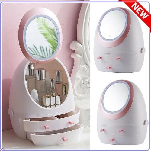USB Rechargeable Makeup Organizer Cosmetic Storage Box Proof Drawer Waterproof Mirror LED Light Portable Jewelry Container Dust