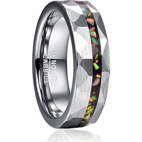Bohemia Hammered Fine Sand Inlaid Opal Tungsten Steel Rings Silver Color Wedding Bands