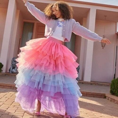 Chic Colorful Ruffles Tiered Long Women Tulle Skirts 2022 Elastic A-line Female Tutu Skirt Mix Color Party Skirt