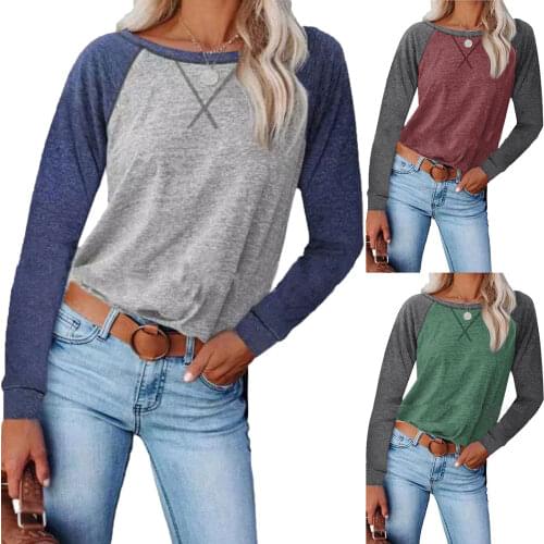 Autumn Color Block Top Streetwear Women Harajuku T-shirt Adults Long Sleeve Round Neck Cross Pullover
