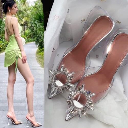 Womens shoes 2021 leather toe cap flat shoes transparent crystal fashion sandals stiletto pointed high heels women shoes