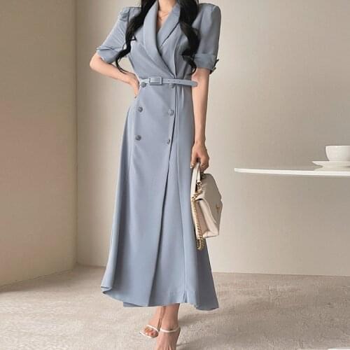 Elegant Office Ladies Notched Collar Midi Dress Summer Autumn Double Breasted Slim Waist With Belted Women Dress 2021