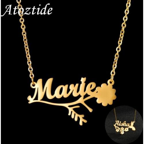 Atoztide Custom Name Flowers Necklace for Women Girl Stainless Steel Letter Nameplate Pendant Chain Special Vintage Jewelry Gift