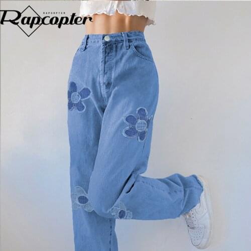 Rapcopter Floral Patched Blue Jeans y2k Aestehtic 90s Denim Trousers Vintage High Waisted Cargo Pants Women Korean Style Joggers