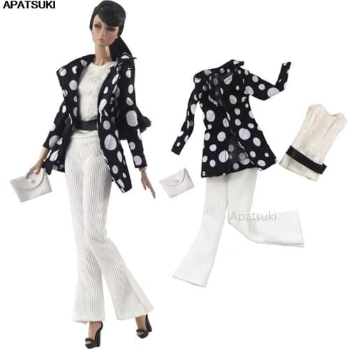 1Set Suit Black Polka Dot Clothes Set for Barbie Dolls Fashion Outfits Jacket Top Pants Handbag Purse 1/6 Accessories Kids Toys