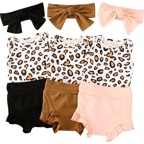 Summer Newborn Baby Girls Clothes Set Sleeveless Leopard Print Romper Tops Shorts Pants with Headband 3Pcs Outfits