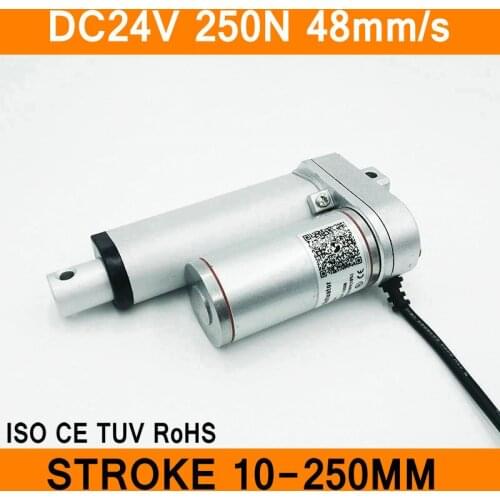 Linear Actuator 24V DC Motor 250N 48mm/s Stroke 10-250mm Linear Motion Controller IP54 Aluminum Alloy Waterproof CE RoHS ISO