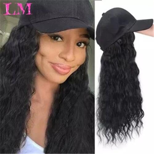 LM Long Synthetic Baseball Cap Hair Wig Natural Black Cap Hair Extensions Natural Corn Whisker wig Wave Wigs Hat Wig Adjustable