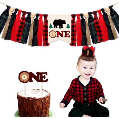 Lumberjack 1st Birthday Party Decoration Supplies Baby Shower Wild One Highchair Banner Buffalo Plaid Kids Crown Hat Cake Topper