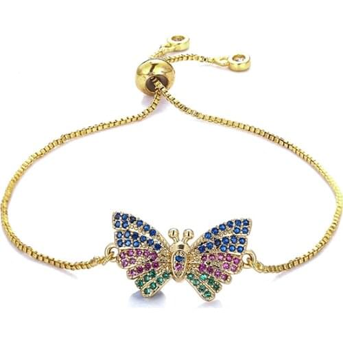 Fashion womens rainbow bee bracelets jewelry gold cz colorful zircon bracelet bangle adjustable chain bracelet for women