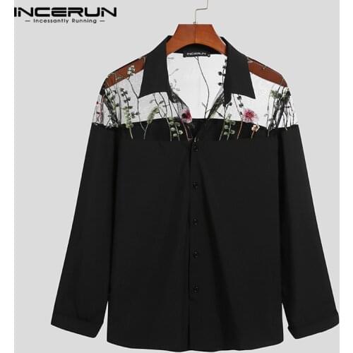 Men Mesh Patchwork Shirt 2021 See Through Embroidered Lapel Long Sleeve Fashion Party Nightclub Shirts Streetwear Camisa INCERUN