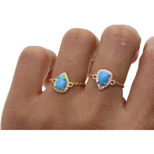 Real 925silver adjust slider thin chain rings micro pave cz turquoises stone silver chain delicate tassel drop shipping ring