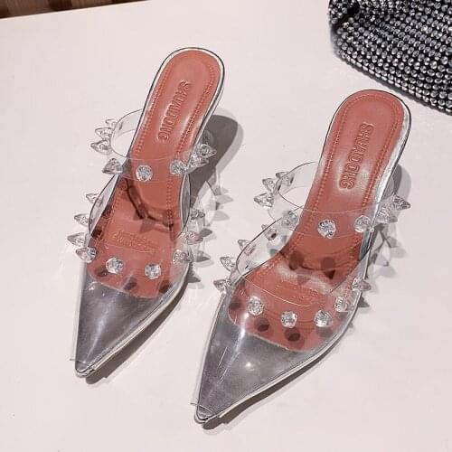 Crystal Shoes Women High Heels Crystal Sandals Pointed Toe PVC Fashion High Heels Slingback Party Shoes Transparent Thin Heels