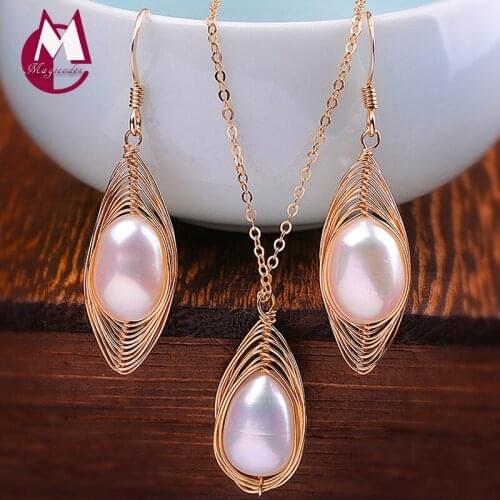 Women Pearl Set 100% Real 925 sterling silver 14k gold plated Irregular Baroque Pearl Necklace Pendant Drop Earing jewelry S8