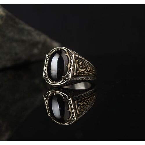 Black Zircon 925 Sterling Silver With Gold Plate Engraved Traditional Handmade Turkish Signet Ring Jewelry Gift for Women Men