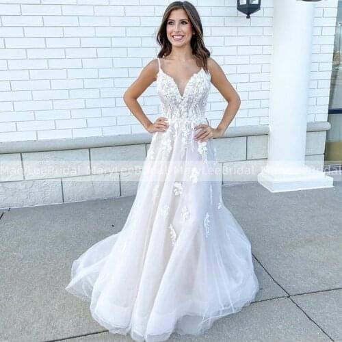 Illusion V-Neck Wedding Dresses Spaghetti Strap Floral Applique Boho Bridal Dress Crisscross Back Summer Wedding Gowns