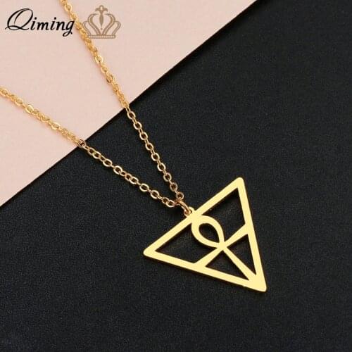 QIMING Geometric Triangle Ankh Necklace For Women Men Stainless Steel Jewelry Religion Egyptian Pendant Necklace Gift