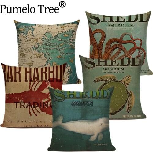 Luxury Linen Cotton Ocean Nordic Marine Sea Almofadas Pillowcase Cojines 45Cmx45Cm Square Home Office Furniture 3D Pillow Case