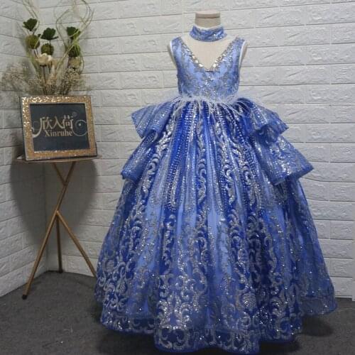 Real Picture Luxury Royal Blue Girls Birthday Princess Ball Gowns Crystal Beading Sparkling Girls Celebrity Gowns Puffy Gowns