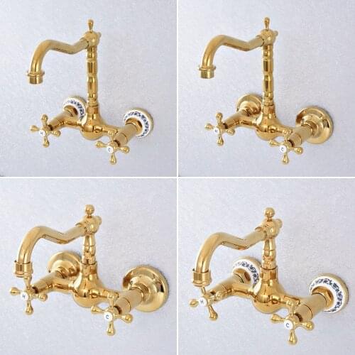 Luxury Polished Gold Color Brass Wall Mounted Bathroom Kitchen Sink Faucet Swivel Spout Mixer Tap Dual Cross Handles msf620