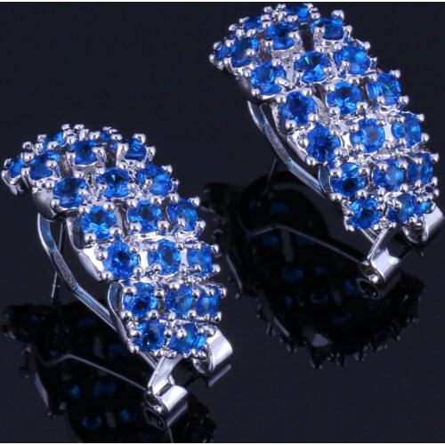 Alluring Blue Cubic Zirconia Silver Plated Clip Hoop Huggie Earrings V0879