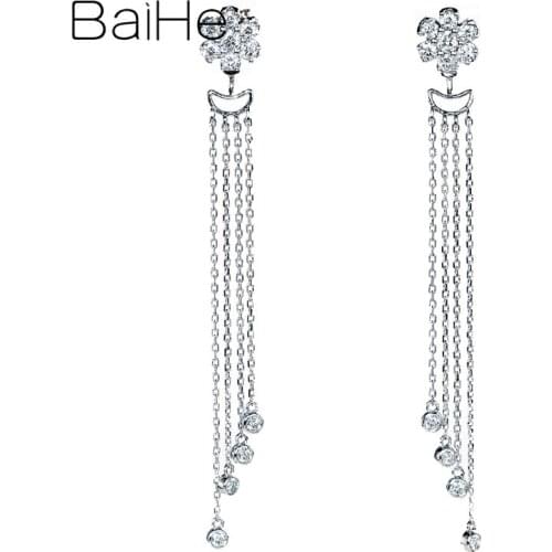 BAIHE Solid 18K White Gold 0.98ct H/SI Round Natural Diamond wedding beautiful snow flowers Diamond ear line Earrings for Women