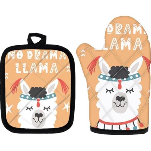 Cute Cartoon Alpaca Print Oven Gloves Heat Resistant Kitchen Accessories 2pcs/Sets Baking Mitts and Pot Holder Padded for BBQ