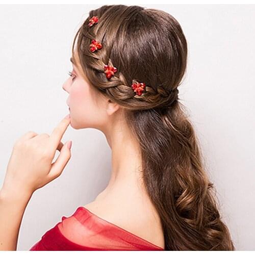 Bridal Headwear Red Flower U Clips Crystal Hairpin Chinese Wedding Hair Ornament Rhinestone New 2018 Jewelry Fork, 6PCS/SET