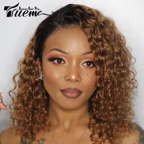 Trueme Ombre Short Curly Bob Human Hair Lace Wig Brazilian Remy Kinky Curly Lace Front Bob Wig Curly Pixie Cut L Part Lace Wig