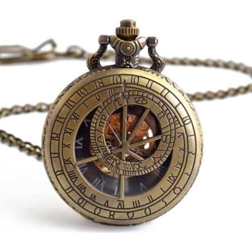 Vintage Antique Pocket Watch Hollow Skeleton Hand Winding Mechanical Watch Zodiac Compass Roman Numerals Pocket Watch For Men