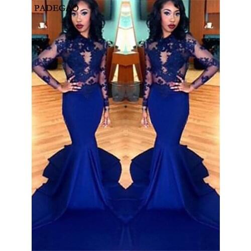 Hot Red Burgundy Blue Evening Dresses Mermaid Appliques Long Party Dress Sexy Full Sleeves Ruffles Evening Dress