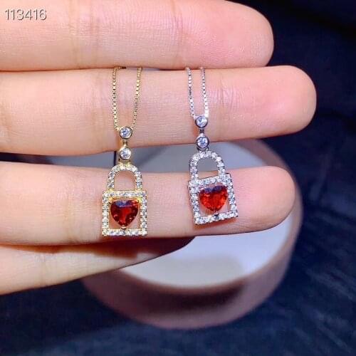 Lock style natural garnet pendant for women silver necklace jewelry heart natural gem gift real 925 silver birthstone love gift