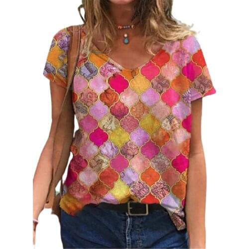 Womens Clothing 2021 Summer T Shirt Women Colorful Abstract Painting Print Casual Loose Top Tee Ladies Plus Size Short Shirts