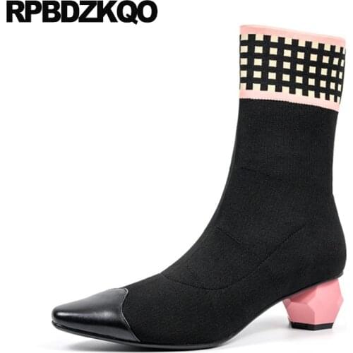 Slip On Pointed Toe Shoes Ankle Patchwork Sock Brand Women Winter Boots Genuine Leather High Heel Strange Plaid Chunky Knit
