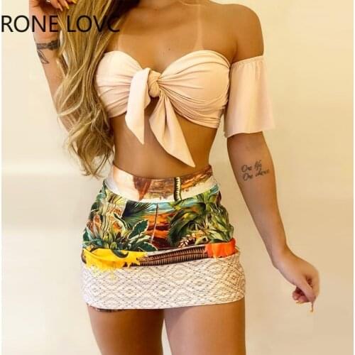Women Off Shoulder Tie Front Top & Tropical Print Skirt Set Casual 2 Pieces Set