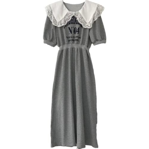 PERHAPS U Women Black Gray Lace Peter Pan Collar Dress Letter Print Pufff Short Sleeve Empire Knee Length Dress D2701