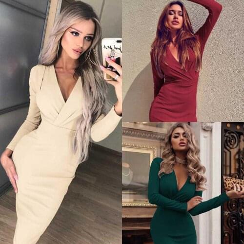 Women Deep V Neck Wrap Ruched Dress Fashion Long Sleeve Nightclub the Dress Cocktail party Elegant Ladies Plus Size