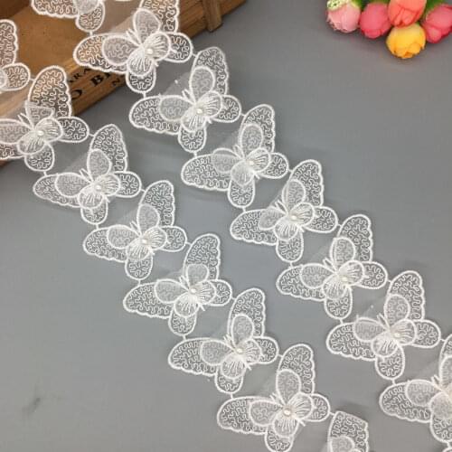 1 yard Butterfly Pearl Beaded Flower Embroidered Lace Trim Ribbon Applique Patches Wedding Dress Fabric DIY Sewing Craft