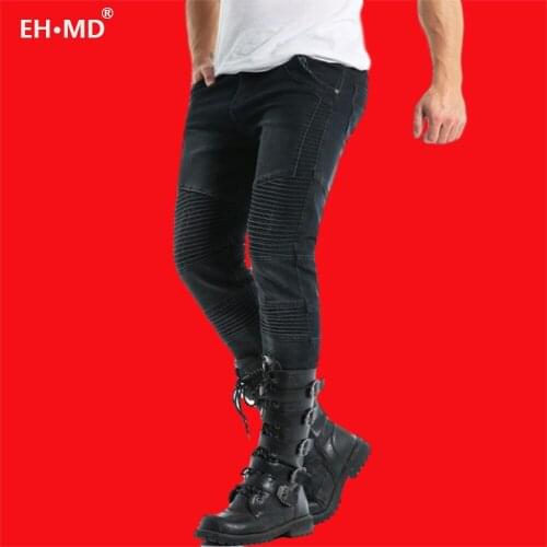 EH · MD® Stitching Jeans Mens Skin-tight Washed Slim-fit Three-dimensional Pleated High-elastic Solid Color Small Feet Black
