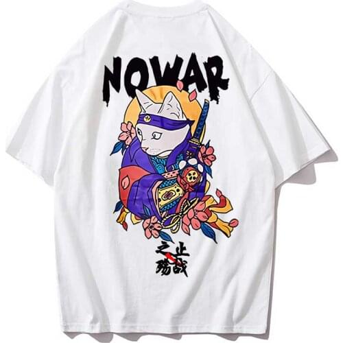 Ukiyo Cat Tshirt Japanese Harajuku Loose Oversize T Shirts Streetwear Homme Tees Top Nowar 100% Cotton Men Clothes Drop Shipping