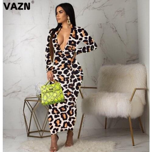 VAZN 2020 Autumn Hot Popular Leopard Sexy Young Daily Sweet Style Full Sleeve High Waist Women Thin Maxi Dress