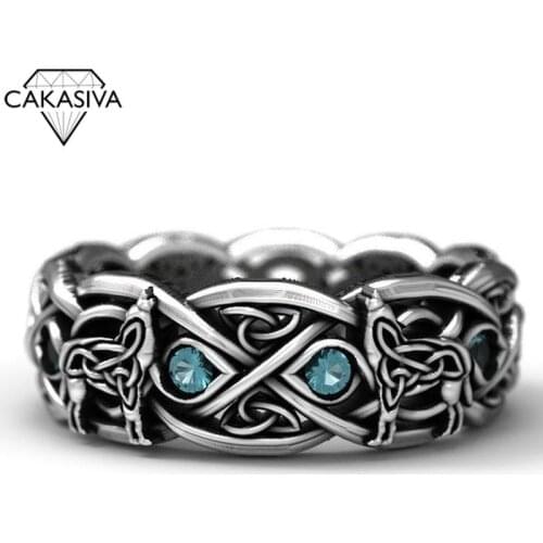 Celtic Wolf Zircon Ring Wolf Totem 925 Silver Dyed Black Ring Vintage Stone Thai Silver Ring