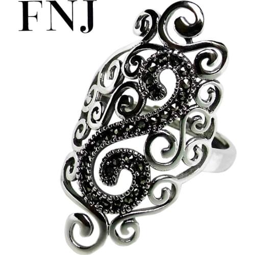 FNJ 925 Silver Note Ring MARCASITE Flower New Fashion Original S925 Sterling Silver Rings for Women Jewelry Adjustable Size