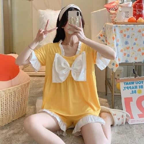 Summer Sexy Patchwork Pajama Set Young Womens Leisure Sweet Sleepwear Home Wear 2021 New Fashion Lovely Bow Short Women Pajamas