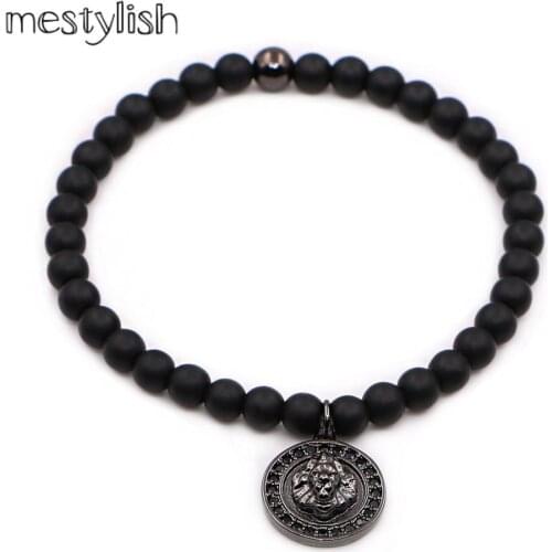 Mestylish Micro Pave Black CZ Lion Head Charms Pendant Bracelet Men Beaded Black Matte Onyx Stone Bracelets Pluseras Women